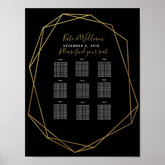 幾何学的な結晶ブラックテーブルプランパーティー結婚/s ポスター (正面)