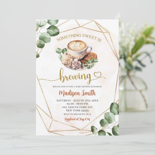 幾何学的な緑のコーヒー醸造ベビーシャワー 招待状 (スタンド正面)
