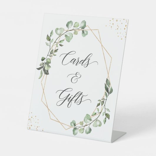 幾何学的な緑のユーカリのカードとギフト 台座サイン (正面)