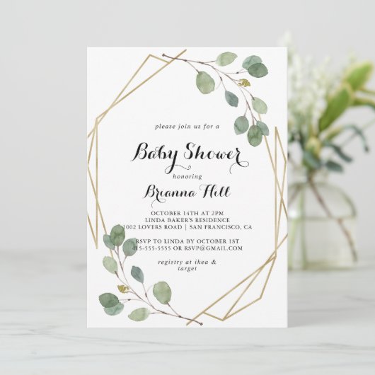 幾何学的な緑のユーカリの葉の赤ちゃんシャワー 招待状 (スタンド正面)