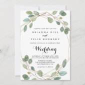 幾何学的な緑のユーカリ前面結婚と背面 招待状 (正面)