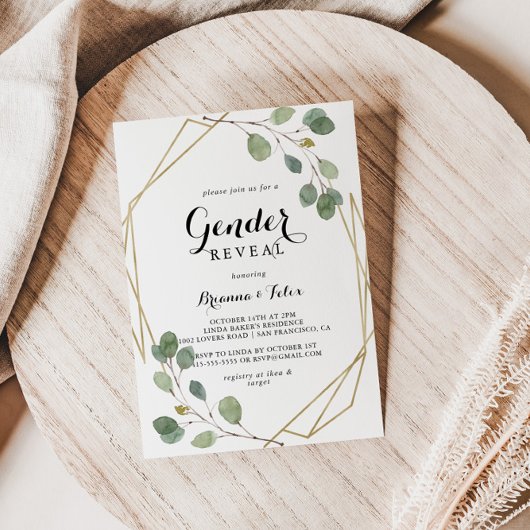 幾何学的な緑のユーカリ性別がパーティーを明かす 招待状