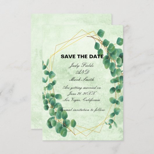 幾何学的な緑のユーカリ葉スの日付を保存 エンクロージャーカード (正面/裏面)