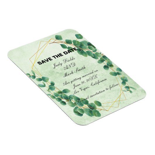 幾何学的な緑のユーカリ葉スの日付を保存 マグネット (右側)