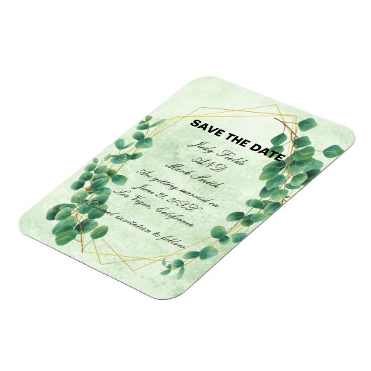 幾何学的な緑のユーカリ葉スの日付を保存 マグネット (左側)