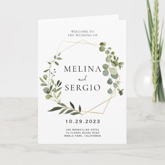 幾何学的な緑のユーカリ葉スフォールド結婚ズ プログラム (正面)