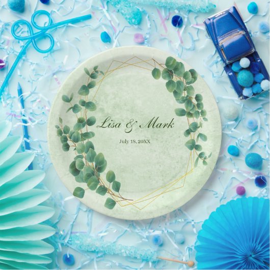 幾何学的な緑のユーカリ葉ス結婚ズの ペーパープレート (パーティー)