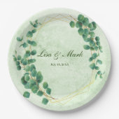 幾何学的な緑のユーカリ葉ス結婚ズの ペーパープレート (正面)