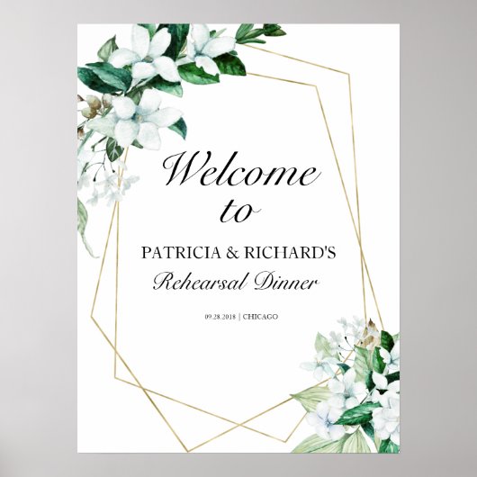 幾何学的な緑のリハーサルディナーウェルカムサイン ポスター (正面)