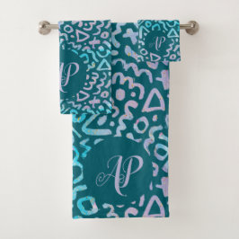 幾何学的な緑のレトロモノグラム バスタオルセット