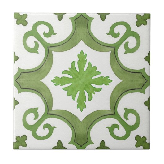 幾何学的な緑の白いモロッコ地中海のスタイル タイル (正面)