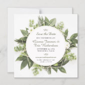 幾何学的な緑の葉のフレーム日付を保存 マグネット招待状 (正面)