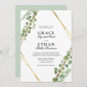 幾何学的な緑の金ゴールドフレームユーカリ結婚ス 招待状 (正面/裏面)