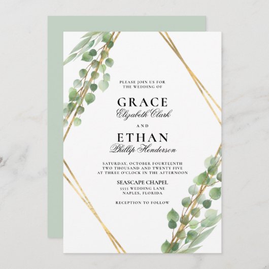 幾何学的な緑の金ゴールドフレームユーカリ結婚ス 招待状 (正面/裏面)