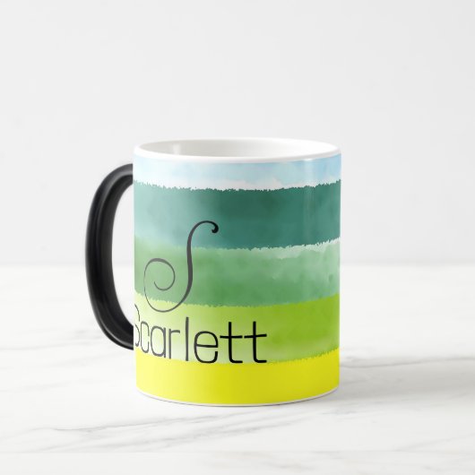幾何学的な緑色の名前の文字コーヒーマグ モーフィングマグカップ (正面左)