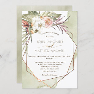 幾何学的な緑葉の熱帯結婚 招待状