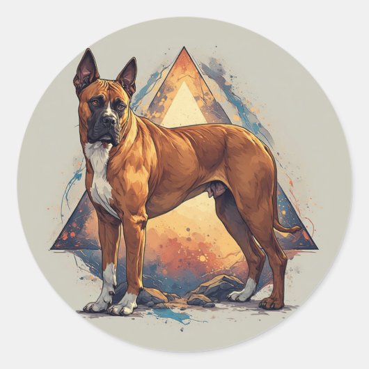 幾何学的な背景を持つボクサー犬 ラウンドシール (正面)