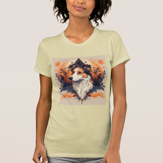 幾何学的な背景を鮮やか持つコリー犬 Tシャツ (正面)
