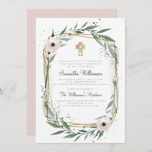 幾何学的な花のクロス ファーストコミュニオン招待状 招待状 (正面/裏面)