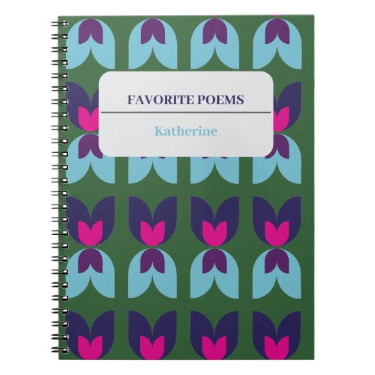 幾何学的な花のチューリップ グリーン & ネイビー カスタマイズ ノートブック (正面)