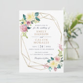 幾何学的な花のフレーム 黄色のグリーン ゴールド ブッシュピンク 招待状 (スタンド正面)