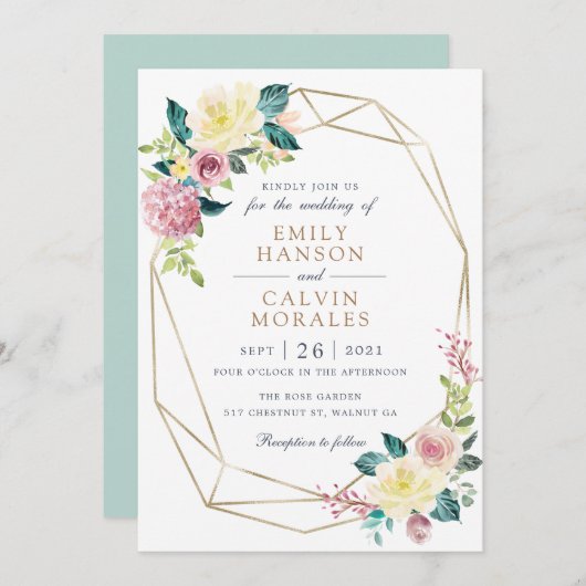 幾何学的な花のフレーム 黄色のグリーン ゴールド ブッシュピンク 招待状 (正面/裏面)