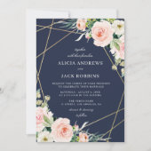 幾何学的な花のブッシュとネイビーブルーの結婚式 招待状 (正面)