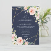 幾何学的な花のブッシュとネイビーブルーの結婚式 招待状 (スタンド正面)