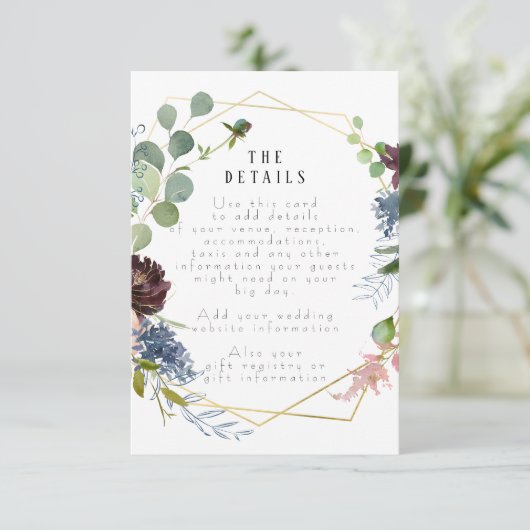 幾何学的な花の結婚式の詳細情報カード エンクロージャーカード (スタンド正面)