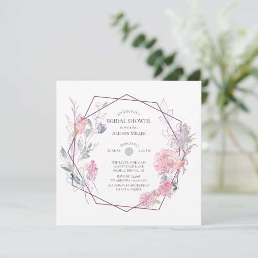 幾何学的な花フレームのブライダルシャワーの招待状 招待状 (スタンド正面)