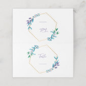 幾何学的な花リース。緑のスクリプトテーブル番号 プレイスカード (外部開封)