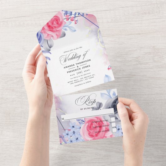 幾何学的な花柄のシルバーインクウェディングオールインワン招待状 オールインワン招待状 (貼ってはがせる)