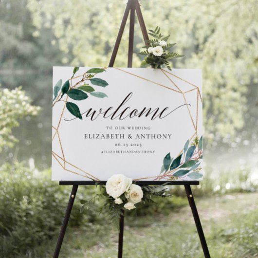幾何学的な葉の結婚歓迎のサイン ポスター