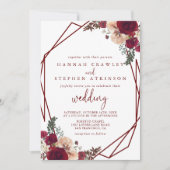 幾何学的な赤いピンクのフローラフロントとバック結婚ズ 招待状 (正面)