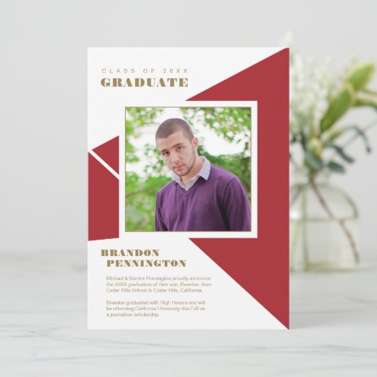 幾何学的な赤い色のブロック三角形のグラデーション 案内状 (スタンド正面)