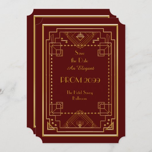 、幾何学的な赤い金ゴールド年長後輩プロムアールデコ 招待状 (正面/裏面)
