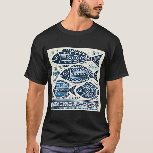 幾何学的な部族の青い魚 Tシャツ (正面)
