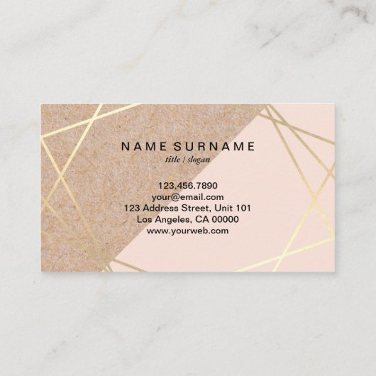 幾何学的な金ゴールドのクラフトによって印刷される軽いパステル調ピンク 名刺 (裏面)