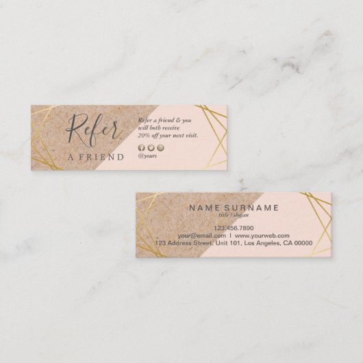 幾何学的な金ゴールドのクラフトによって印刷されるLtパステル調のピンクは参照します スキニー名刺 (正面/裏面)