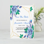 幾何学的な金ゴールドフレームの青い花柄の保存日付 セーブザデート (スタンド正面)