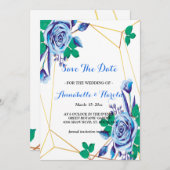 幾何学的な金ゴールドフレームの青い花柄の保存日付 セーブザデート (正面/裏面)