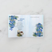 幾何学的な金ゴールド – ネイビーのフレームと青い花のカップル 招待状 (内部)