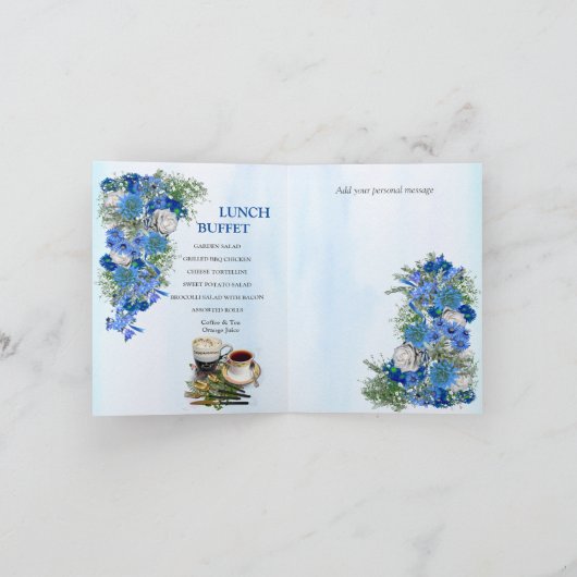 幾何学的な金ゴールド – ネイビーのフレームと青い花のカップル 招待状 (内部)