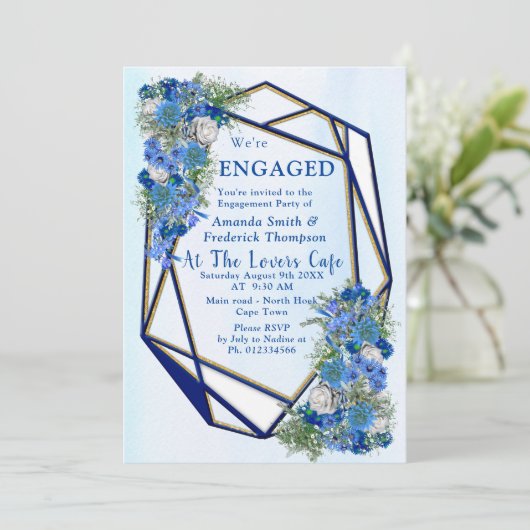 幾何学的な金ゴールド – ネイビーフレームと青い花 招待状 (スタンド正面)