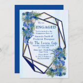 幾何学的な金ゴールド – ネイビーフレームと青い花 招待状 (正面/裏面)