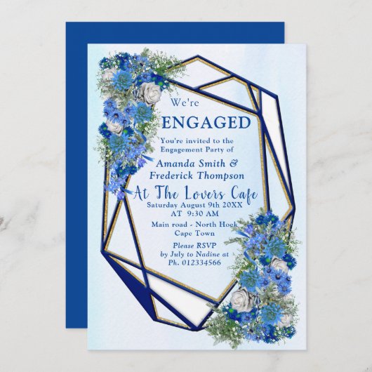 幾何学的な金ゴールド – ネイビーフレームと青い花 招待状 (正面/裏面)