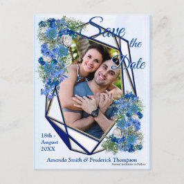 幾何学的な金ゴールド – ネイビーフレームと青い花 案内ポストカード