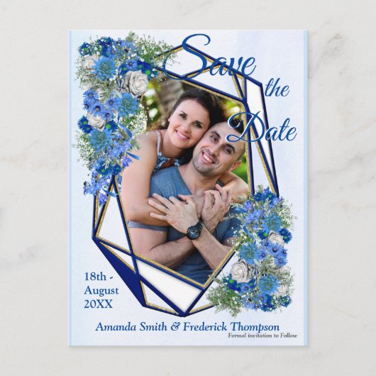 幾何学的な金ゴールド – ネイビーフレームと青い花 案内ポストカード (正面)