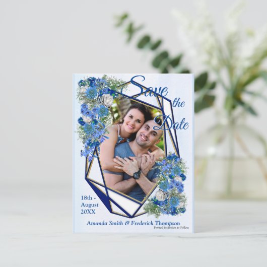 幾何学的な金ゴールド – ネイビーフレームと青い花 案内ポストカード (スタンド正面)