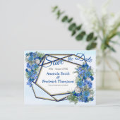 幾何学的な金ゴールド – ネイビー&ブルーフラワーデイトを保存 案内ポストカード (スタンド正面)